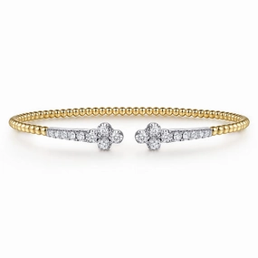 High-Class Pick Pastel Shades 14K White & Yellow Gold Bujukan and Diamond Clover Open Bangle Bracelet