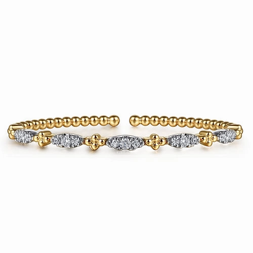 Ideal Balance Sacred Mixes 14K White & Yellow Gold Bujukan Beads and Diamond Station Split Bangle Bracelet