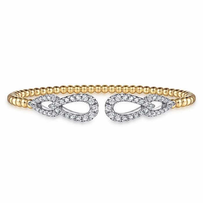 Seamless Experience 14K White and Yellow Gold Bujukan and Diamond Double Teardrop Open Bangle Bracelet