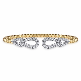 Seamless Experience 14K White and Yellow Gold Bujukan and Diamond Double Teardrop Open Bangle Bracelet