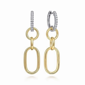 14K White and Yellow Gold Diamond Hollow Tube Huggie Drop Earrings Modern Selection