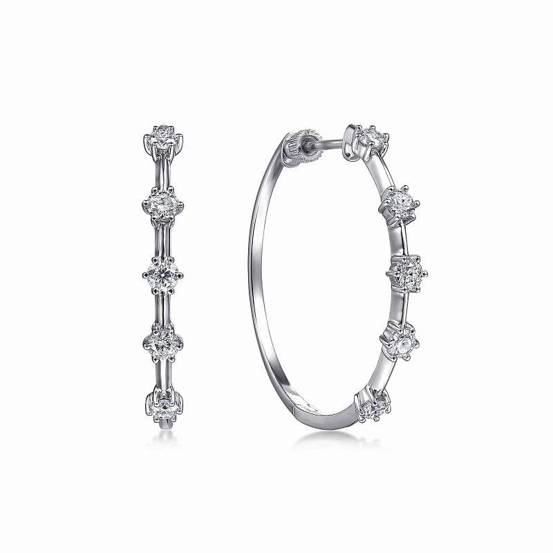 14K White Gold 30mm Classic Diamond Hoop Earrings Heart-Shaped Embellishment Refined Must-Have