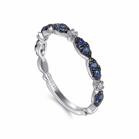 14K White Gold Black Rhodium Diamond & Blue Sapphire Stackable Ladies Ring Unique Radiance Radiant Style