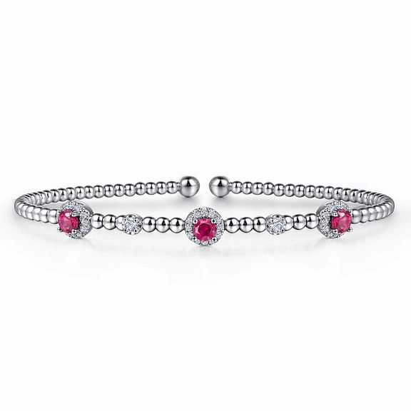14K White Gold Bujukan Bead Cuff Bracelet with Rubies and Diamond Halo Stations Competitive Rate Valuable Addition