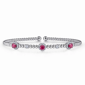 14K White Gold Bujukan Bead Cuff Bracelet with Rubies and Diamond Halo Stations Competitive Rate Valuable Addition