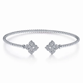 14K White Gold Bujukan Split Cuff Bracelet with Diamond Flower Caps Delightful Combinations Global Fusions