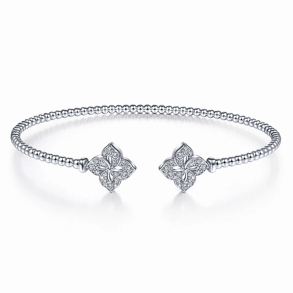 14K White Gold Bujukan Split Cuff Bracelet with Diamond Flower Caps Delightful Combinations Global Fusions
