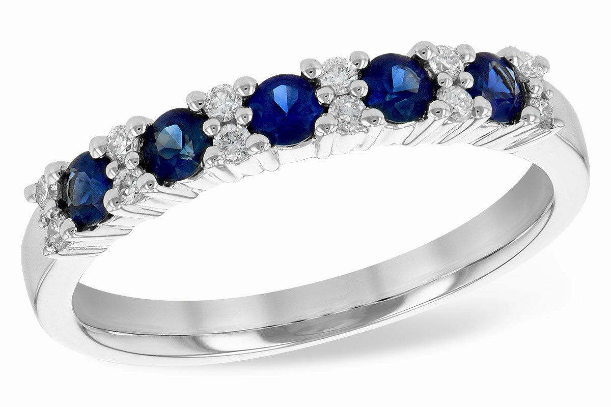 14K White Gold Diamond & Blue Sapphire Anniversary Band Modern Duo Finest Highlight