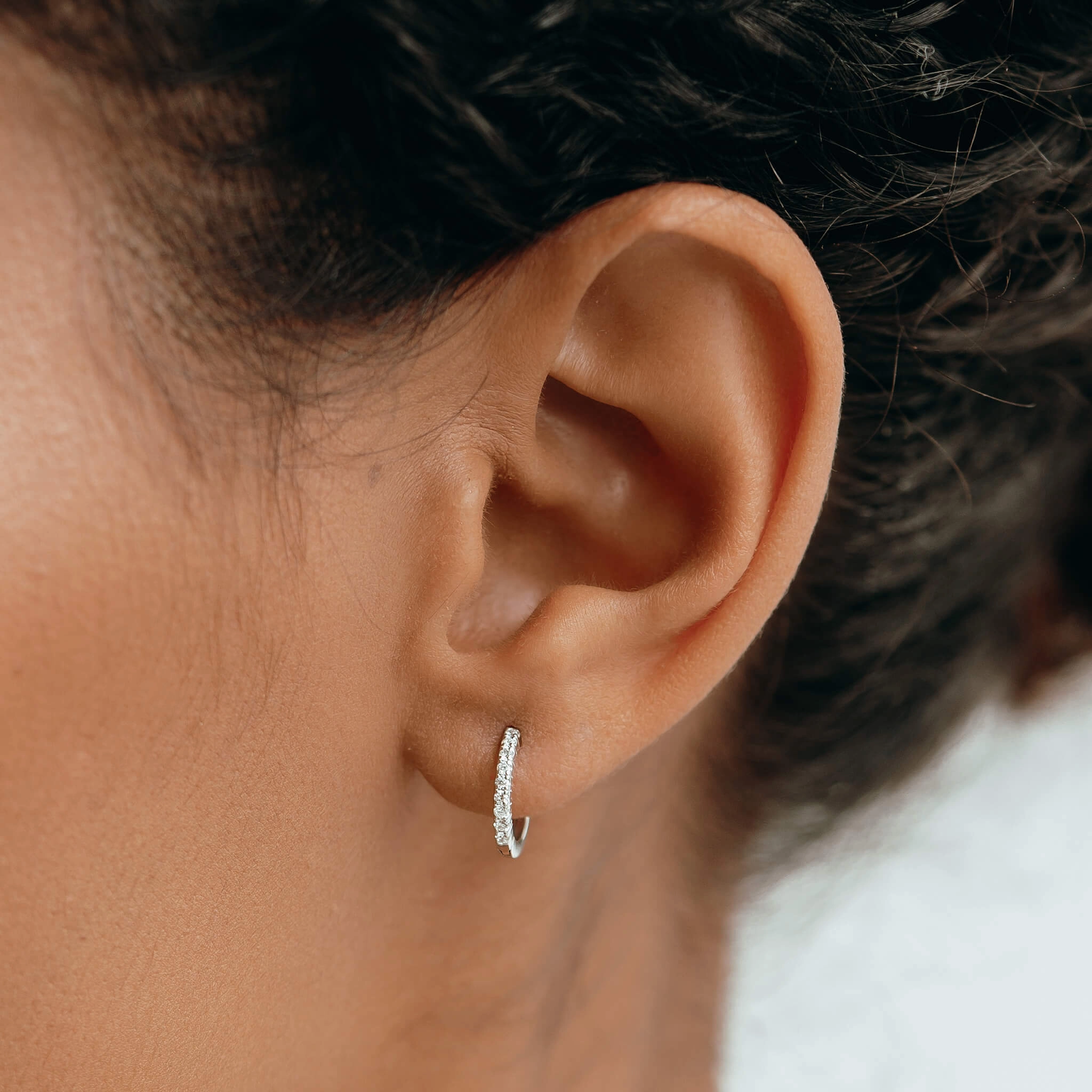 14k White Gold Diamond Huggie Earring - Susanna (Single) Glittery Trinket Radiant Embellishment