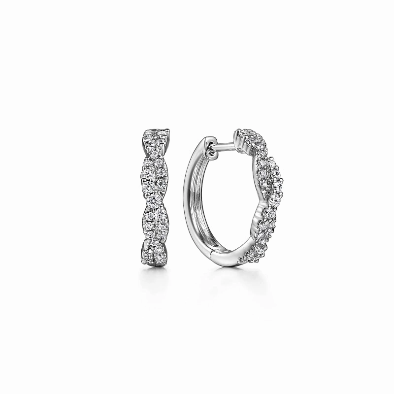 14K White Gold Diamond Intricate Hoop Earrings Shiny Design Small Jewelry
