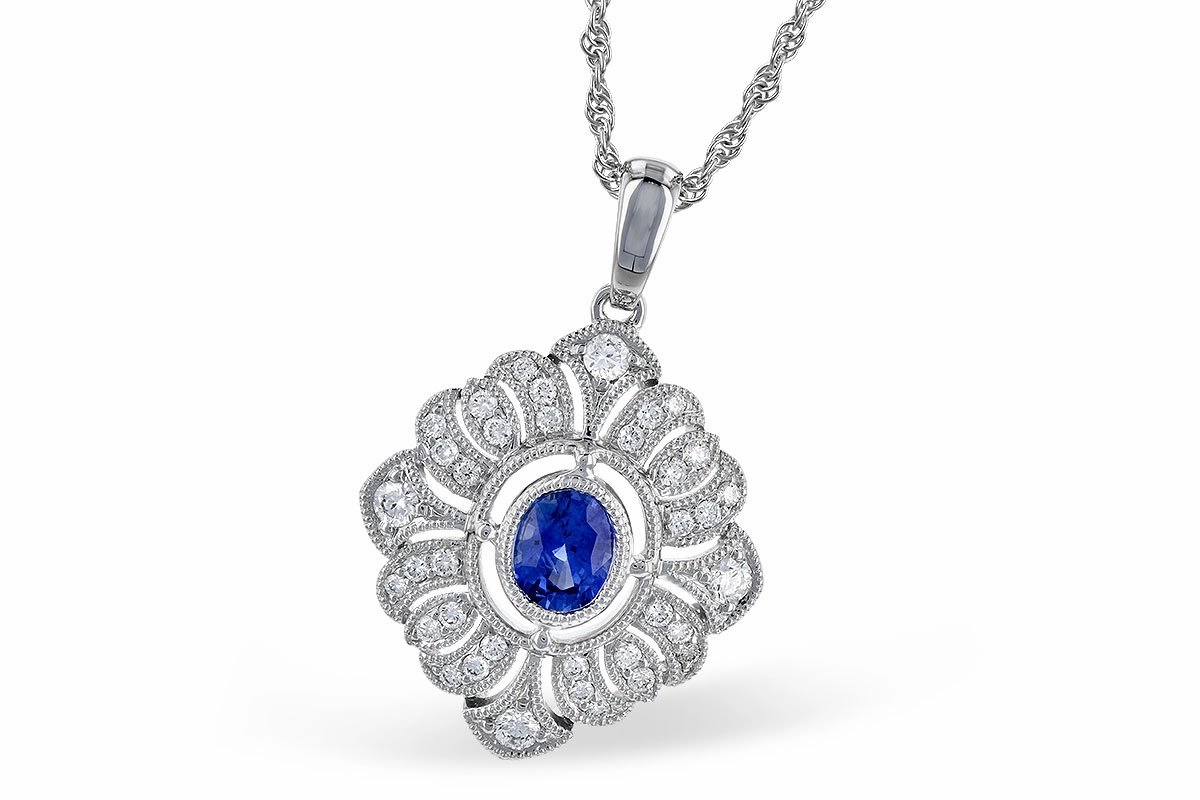 Charming Treasures Simple Touch 14K White Gold Filigree Blue Sapphire and Diamond Necklace