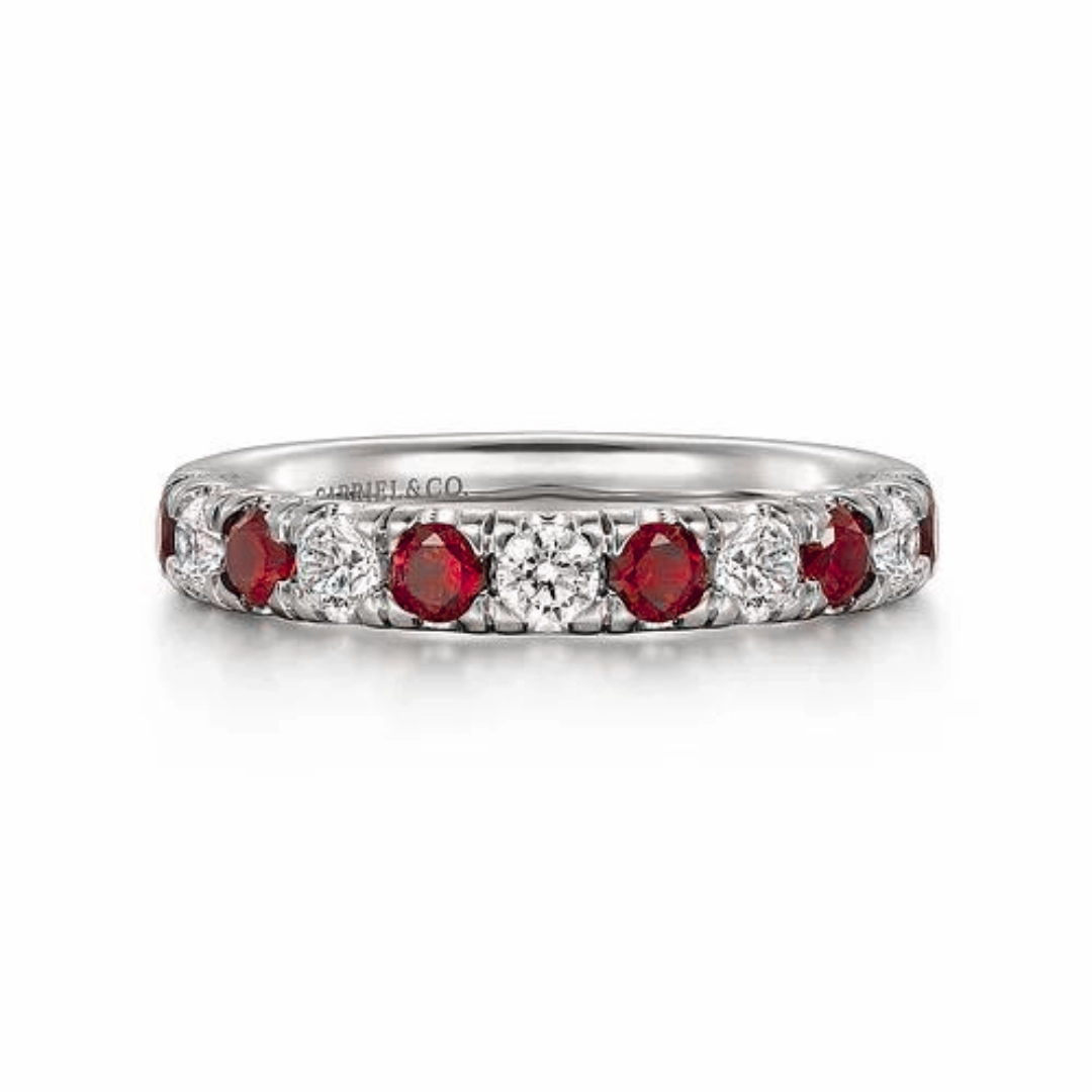 Artistic Symbol Body Adornment 14K White Gold Stackable Ruby and Diamond Ring