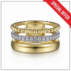 14K White-Yellow Gold Diamond Bujukan Easy Stackable Ring Matching Set Designer Label
