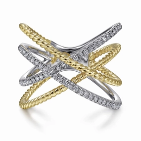 14K White-Yellow Gold Twisted Rope and Diamond Criss Cross Ring Artisan Detail Painted Surface