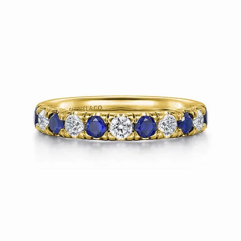 Strong Symbol Shimmer Look 14K Yellow Gold 11 Stone Diamond and Sapphire Anniversary Band