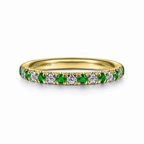 Contemporary Art 14K Yellow Gold 15 Stone Diamond and Emerald Anniversary Band