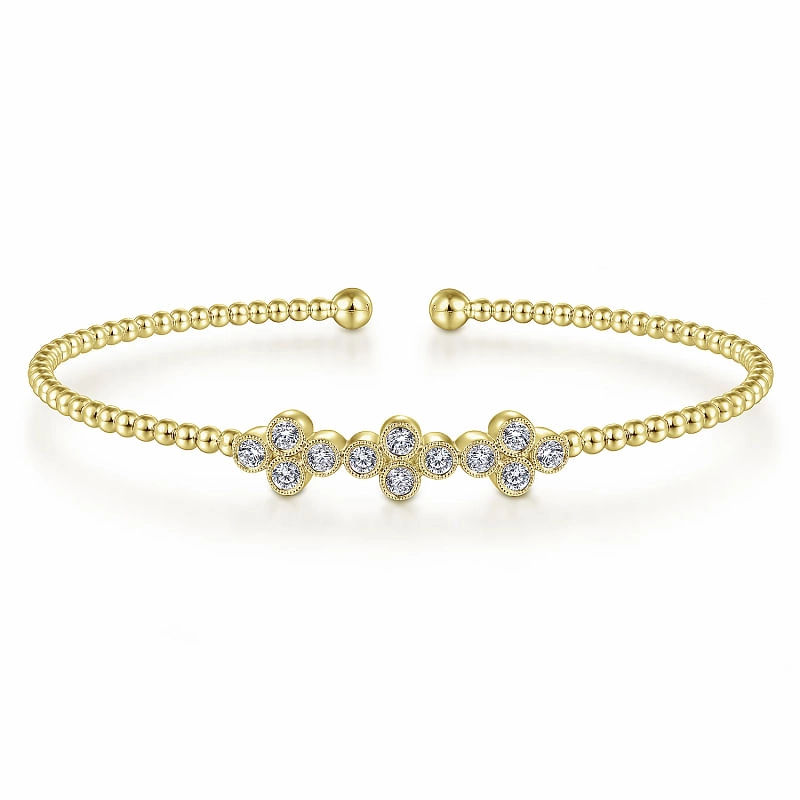 Unwavering Standard Unfettered Composites 14K Yellow Gold Bujukan Bead Cuff Bracelet with Three Quatrefoil Diamond Stations