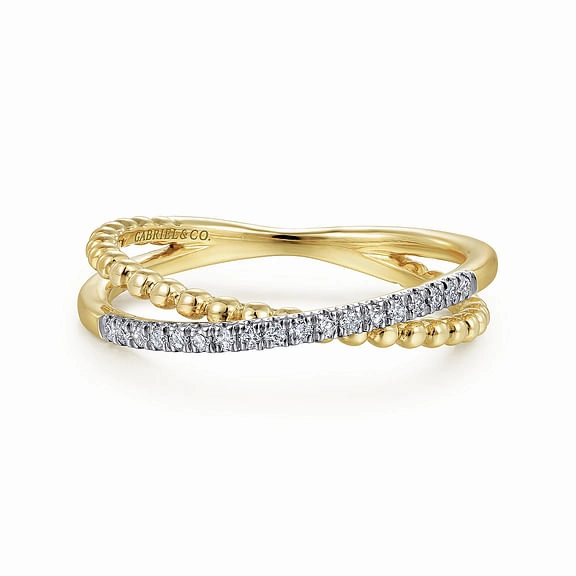 14K Yellow Gold Bujukan Pave Diamond Criss Cross Stackable Ring Eye Catching