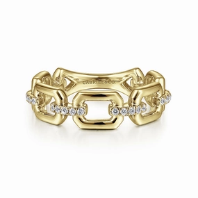 Lightweight Embellishment status symbol 14K Yellow Gold Chain Link Stackable Ring Band with Diamond Connectors