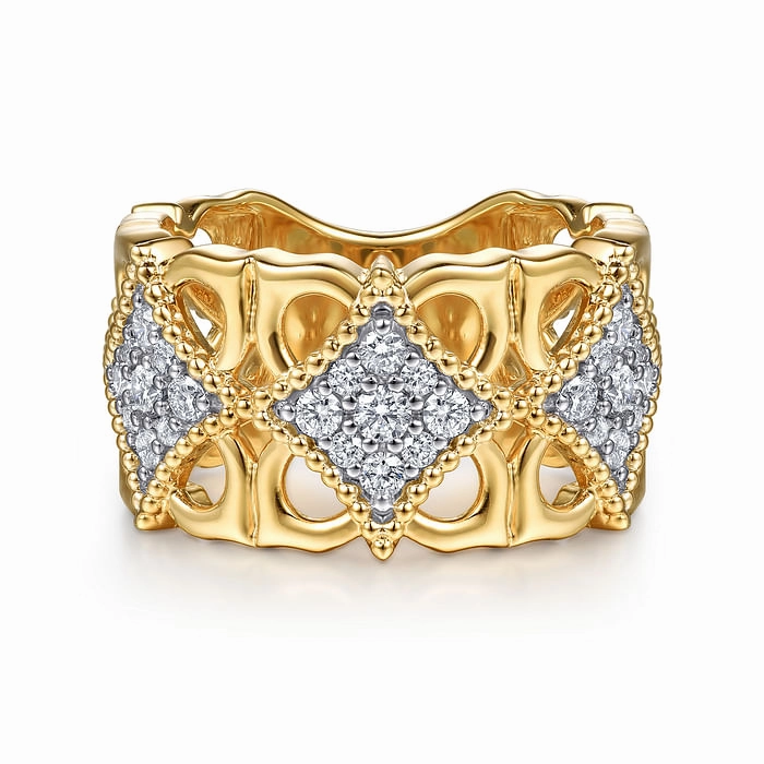 18K Yellow Gold Bujukan and Diamond Floral Wide Band Ring Traditional Creation