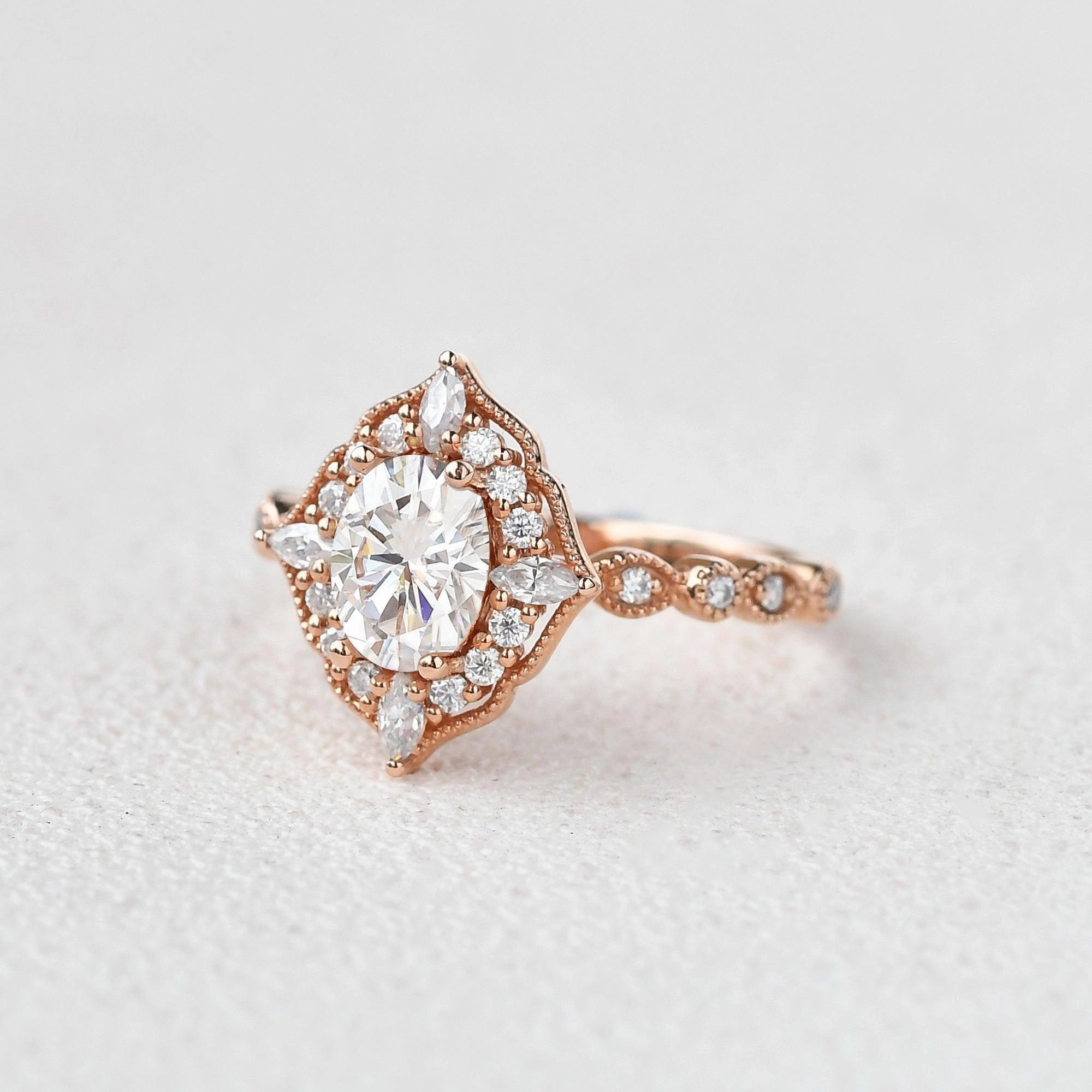 1.0ct Art-Deco Oval Cut Moissanite Rose Gold Ring Boho Style Luxury Pick