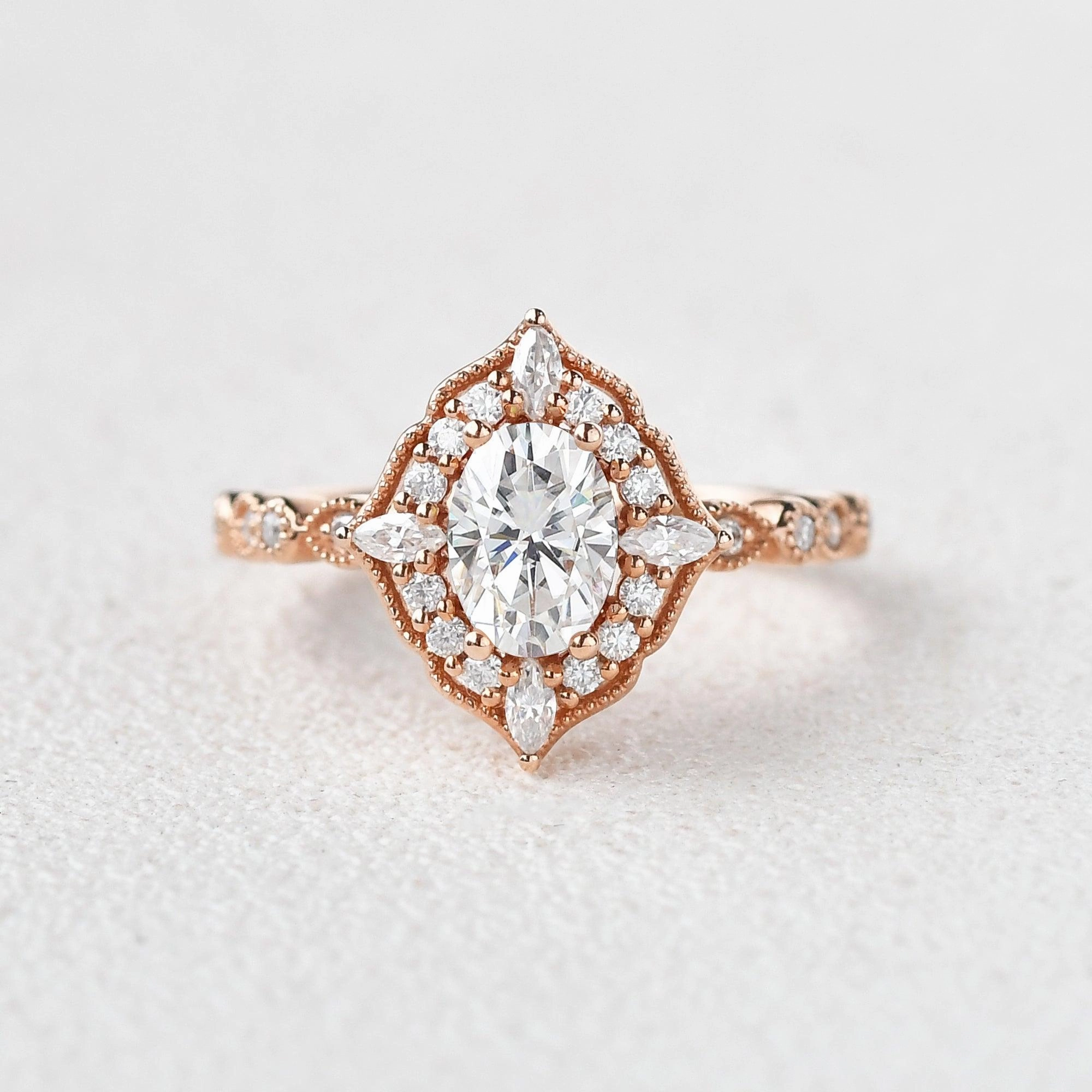 Crisp Accent 1.0ct Art-Deco Oval Cut Moissanite Rose Gold Ring