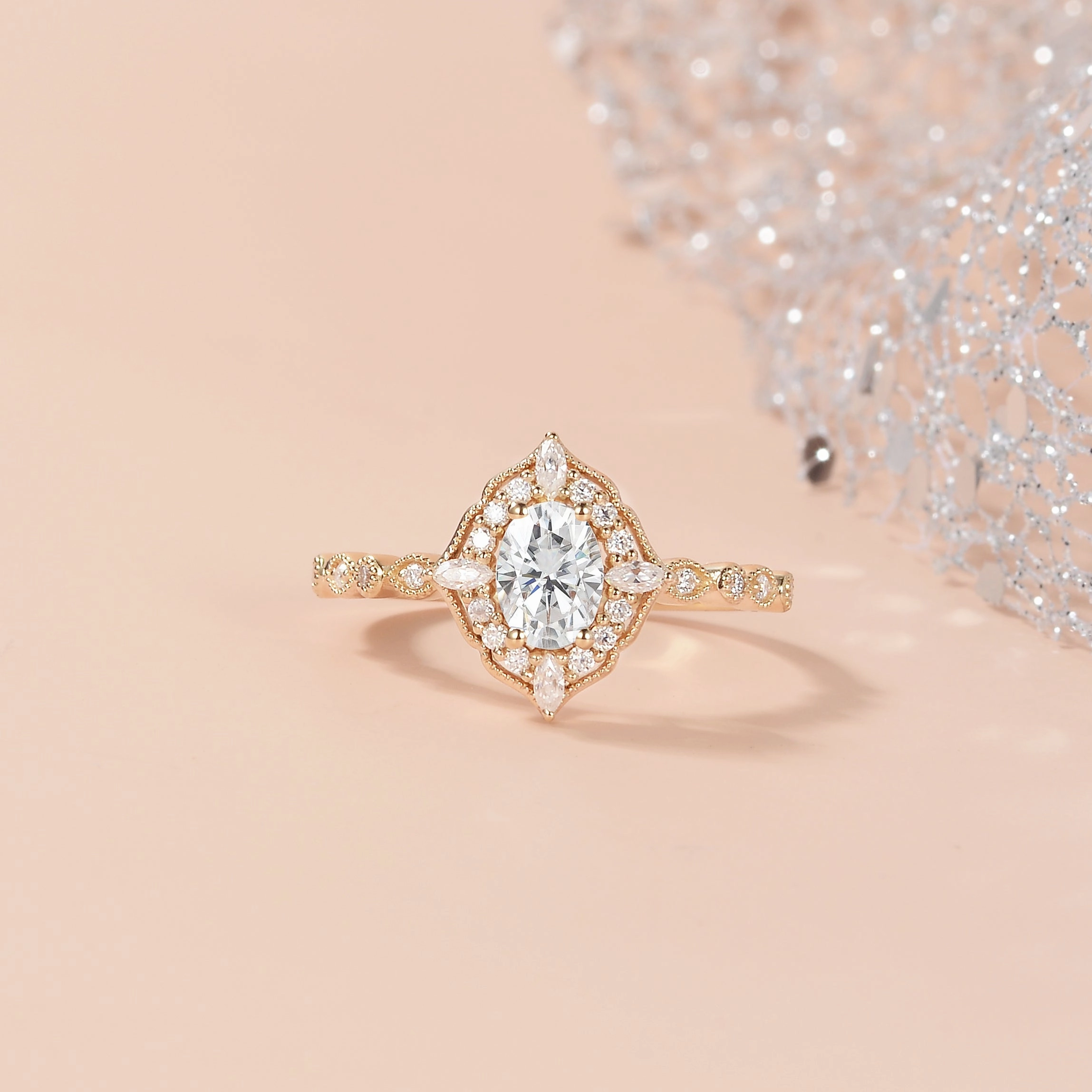 1.0ct Art-Deco Oval Cut Moissanite Rose Gold Ring Fashion Must