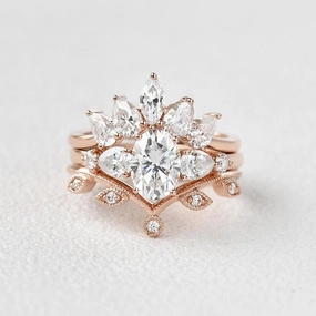 1.0ct Oval Moissanite Three-stone Leafy Ring Set 3pcs Custom Piece