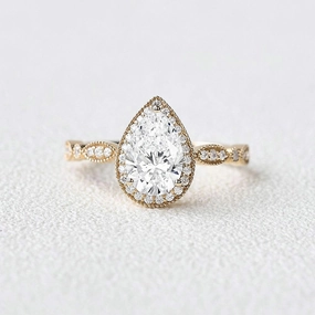 Weekend Vibe Precious Piece 1.0ct Pear Shaped Colorless Lab Grown Diamond Classic Halo Gold Ring