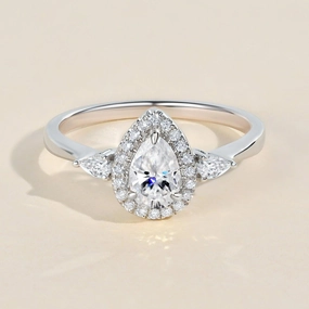 1.0ct Pear Shaped Moissanite Three-Stone Halo Ring Workwear Style Everyday Pick