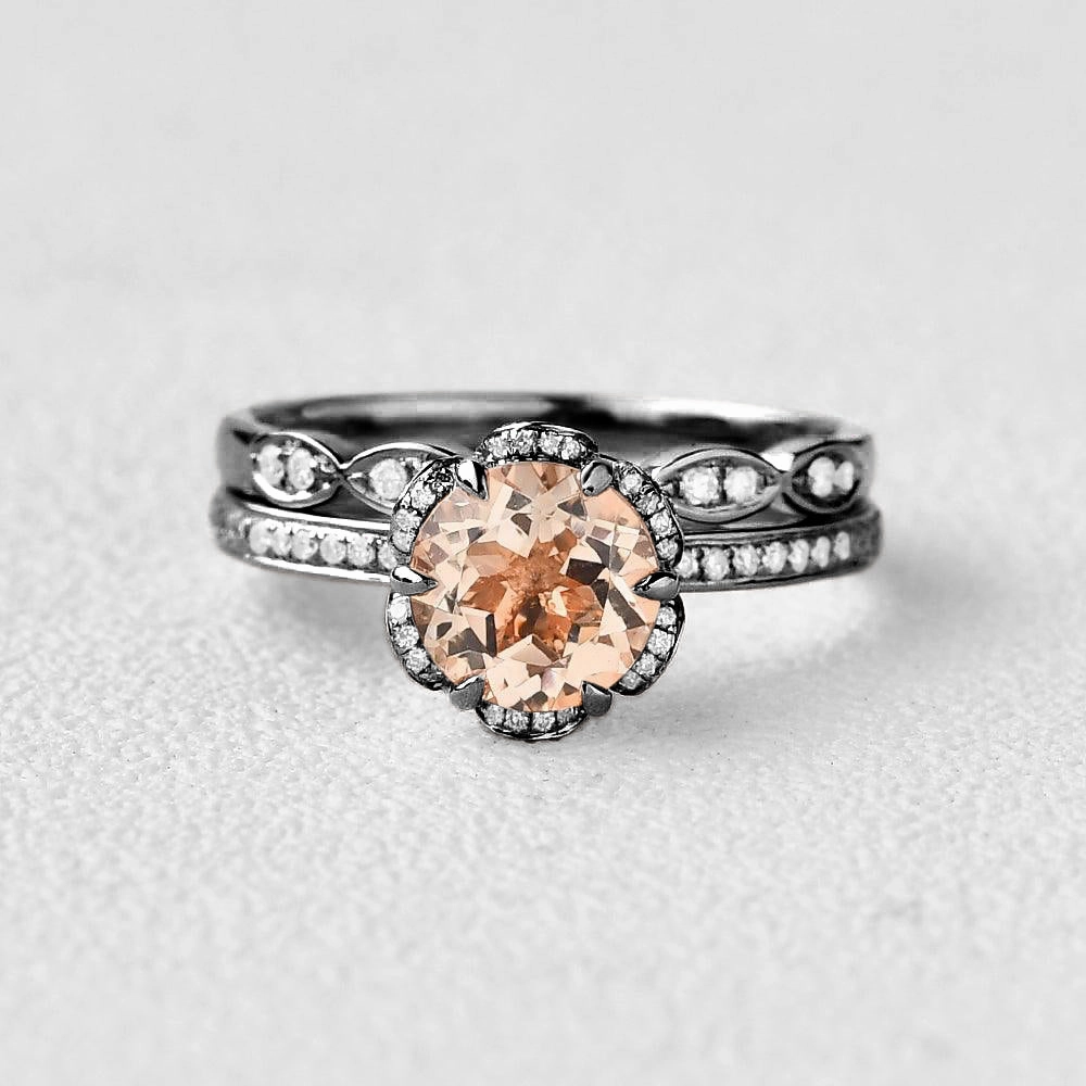 1.2ct Round Cut Morganite Floral Inspired Ring Set 2pcs Unique Feature Sculpted Accent