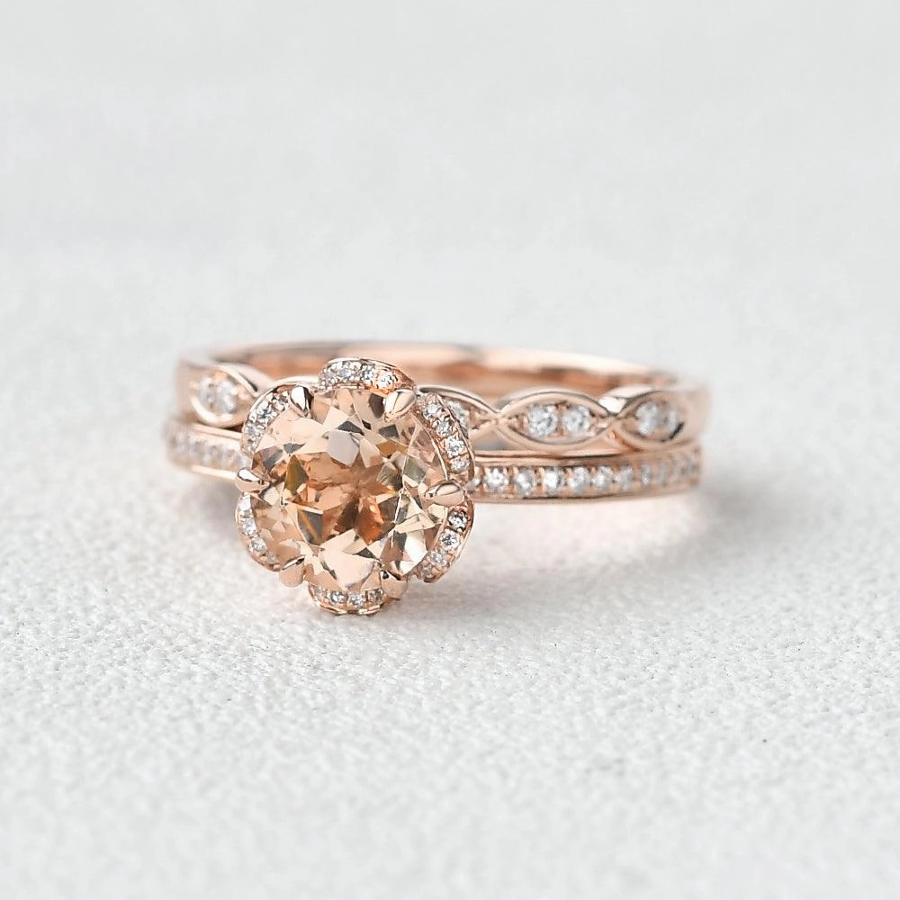 1.2ct Round Cut Morganite Floral Inspired Ring Set 2pcs Shimmering Highlight