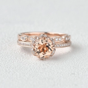 Timeless Mood Classic Lines 1.2ct Round Cut Morganite Floral Inspired Ring Set 2pcs