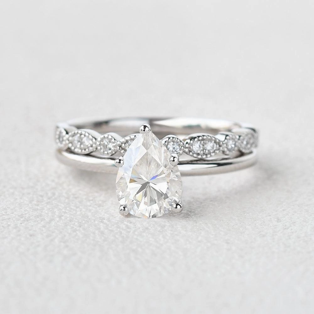 1.3ct Pear Shaped Moissanite Solitaire Ring Set 2pcs Vibrant Jewelry Shine Camera Focus