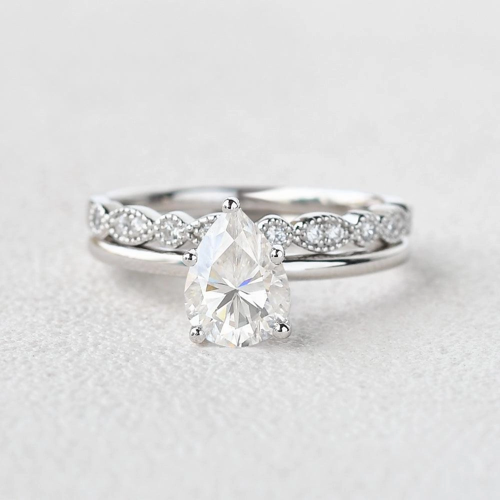 1.3ct Pear Shaped Moissanite Solitaire Ring Set 2pcs Radiant Piece