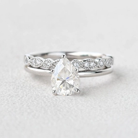 1.3ct Pear Shaped Moissanite Solitaire Ring Set 2pcs Vibrant Jewelry Shine Camera Focus