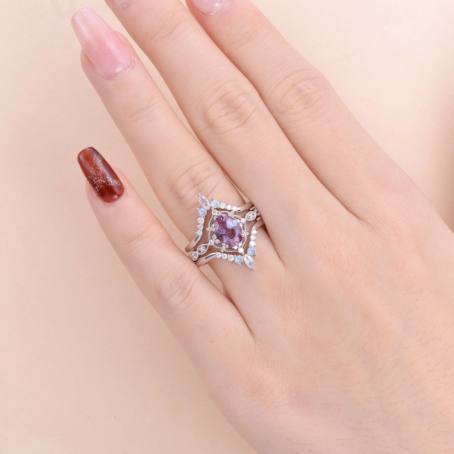 1.5ct Alexandrite Signature Vintage Luna Ring Set 3pcs Quick Match Travel Friendly