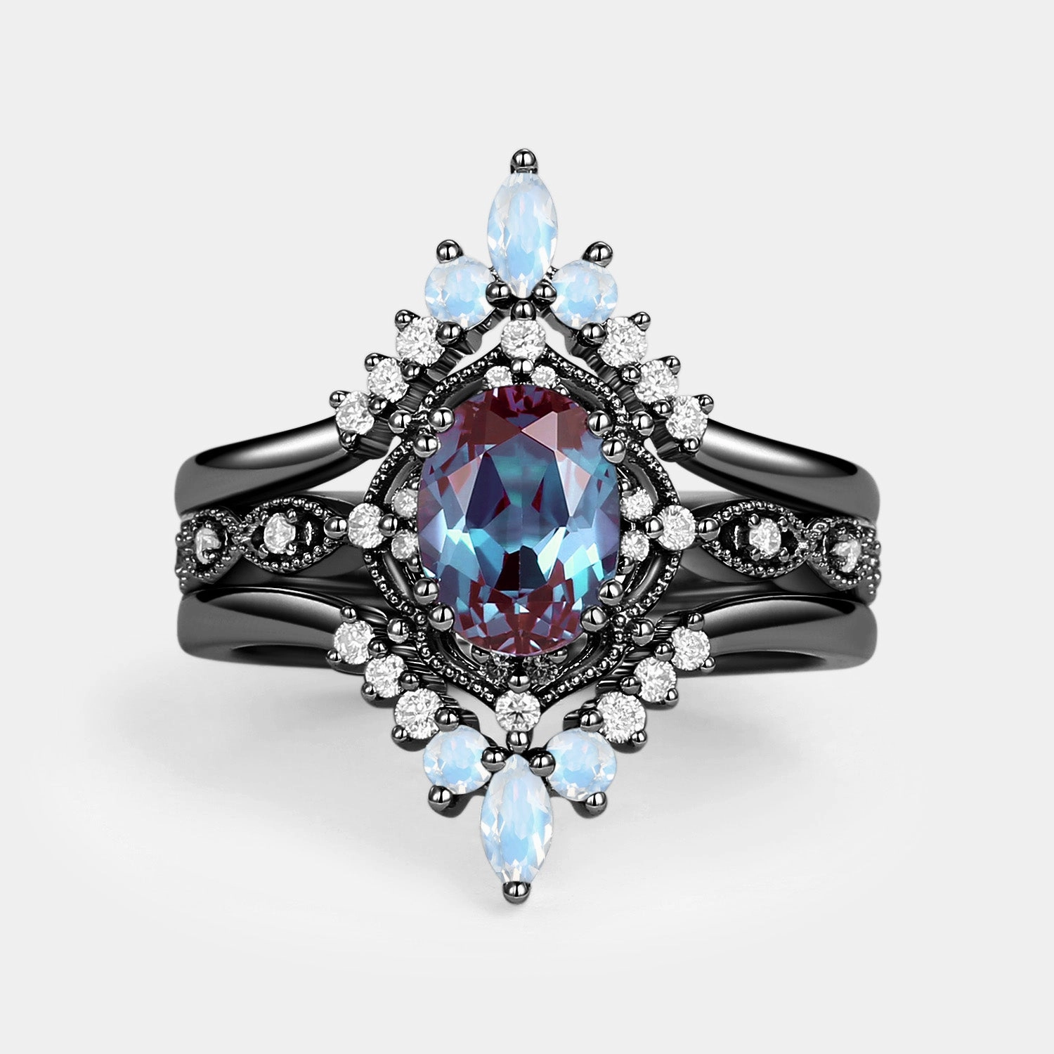 Delicate Highlight Luxurious Shine 1.5ct Alexandrite Signature Vintage Luna Ring Set 3pcs