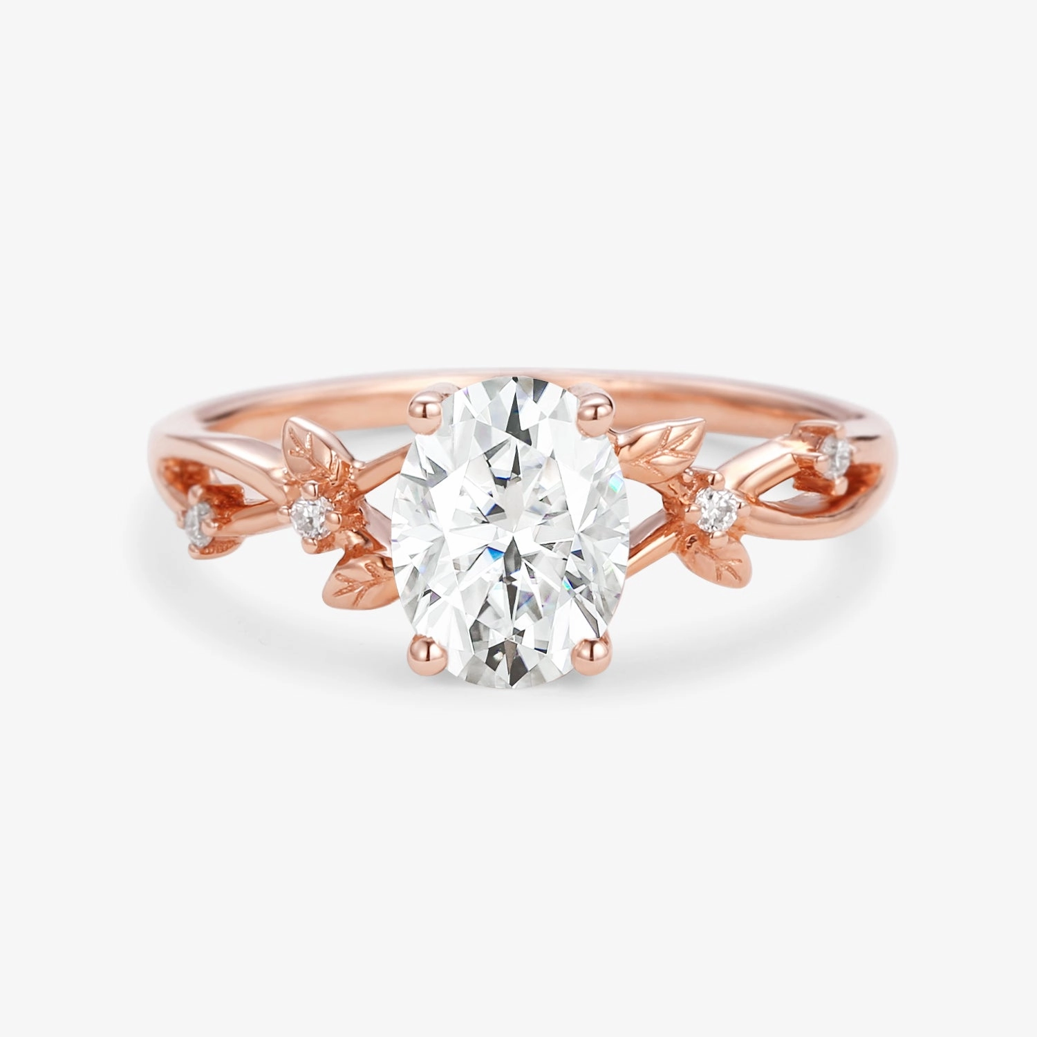 1.5ct Oval Cut Moissanite Leafy White Gold Ring Instant Shine