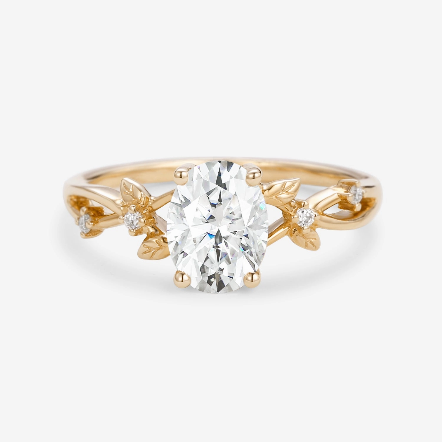 Shining Accent 1.5ct Oval Cut Moissanite Leafy White Gold Ring
