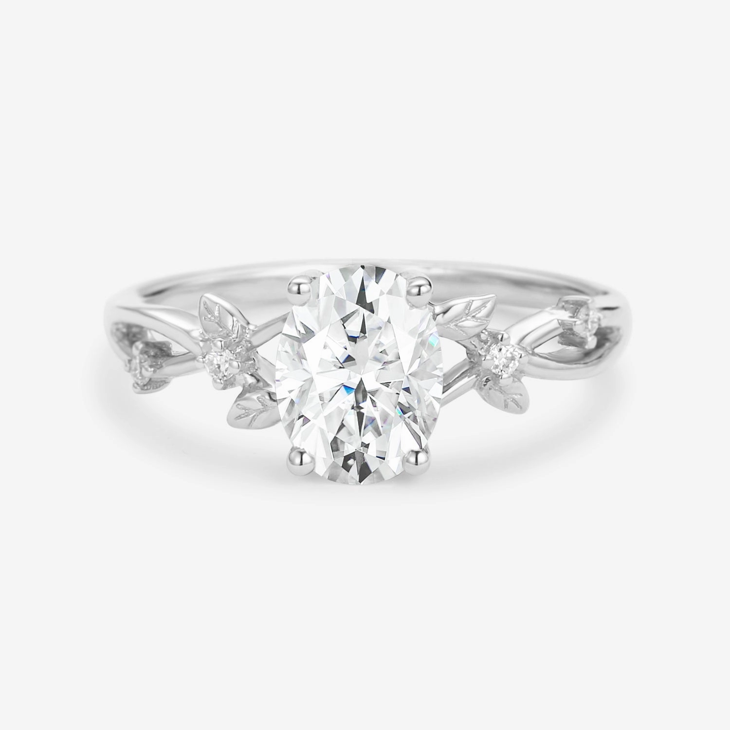 Chic Gifts 1.5ct Oval Cut Moissanite Leafy White Gold Ring