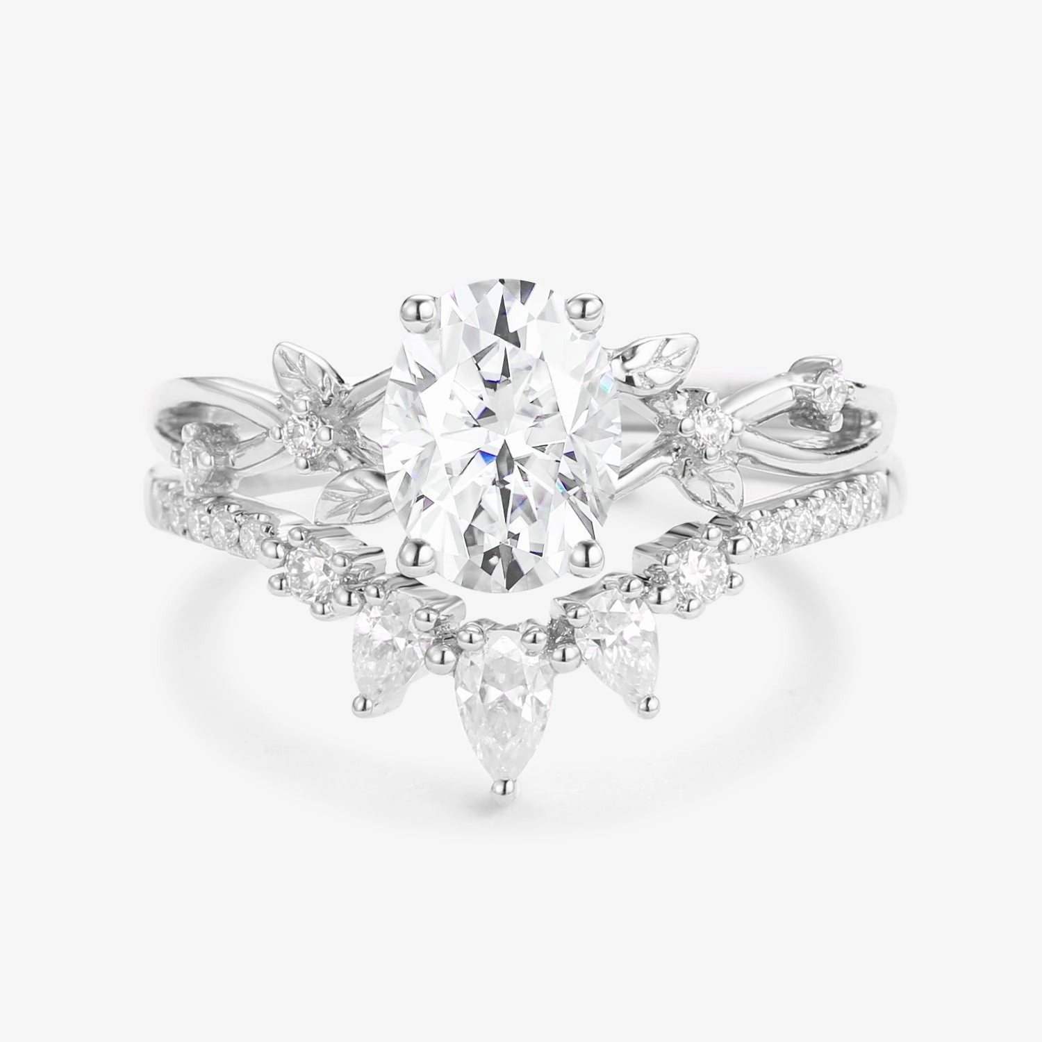 Bold Layer 1.5ct Oval Cut Moissanite Leafy White Gold Ring Set 2pcs - Wrenley