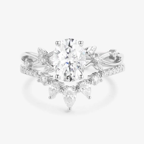 Bold Layer 1.5ct Oval Cut Moissanite Leafy White Gold Ring Set 2pcs - Wrenley