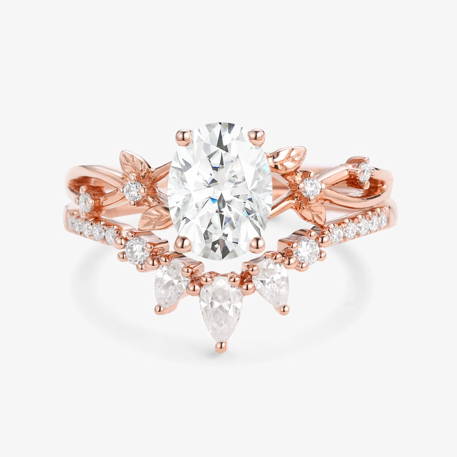 Charming Edge 1.5ct Oval Cut Moissanite Leafy White Gold Ring Set 2pcs - Wrenley