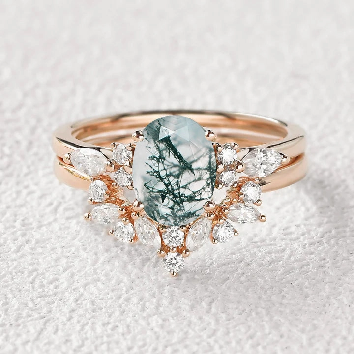 1.5ct Oval Cut Moss Agate Stacking Engagement Ring Set 2pcs Custom Craft