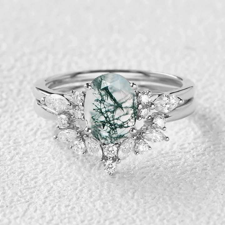 1.5ct Oval Cut Moss Agate Stacking Engagement Ring Set 2pcs Top Pick Elegant Pieces