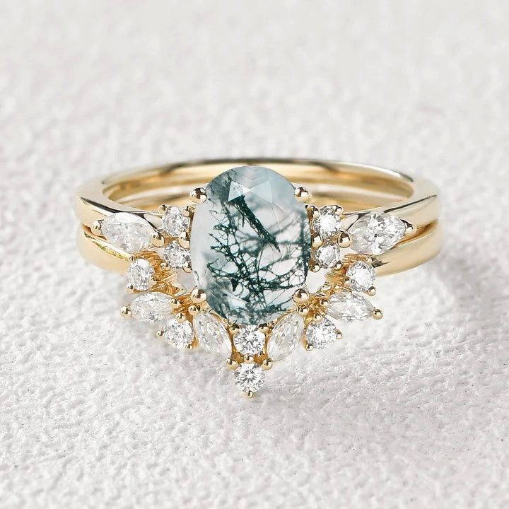 1.5ct Oval Cut Moss Agate Stacking Engagement Ring Set 2pcs Cozy Look