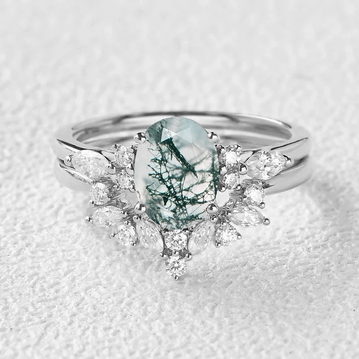 Gift Box Outdoor Set 1.5ct Oval Cut Moss Agate Stacking Engagement Ring Set 2pcs