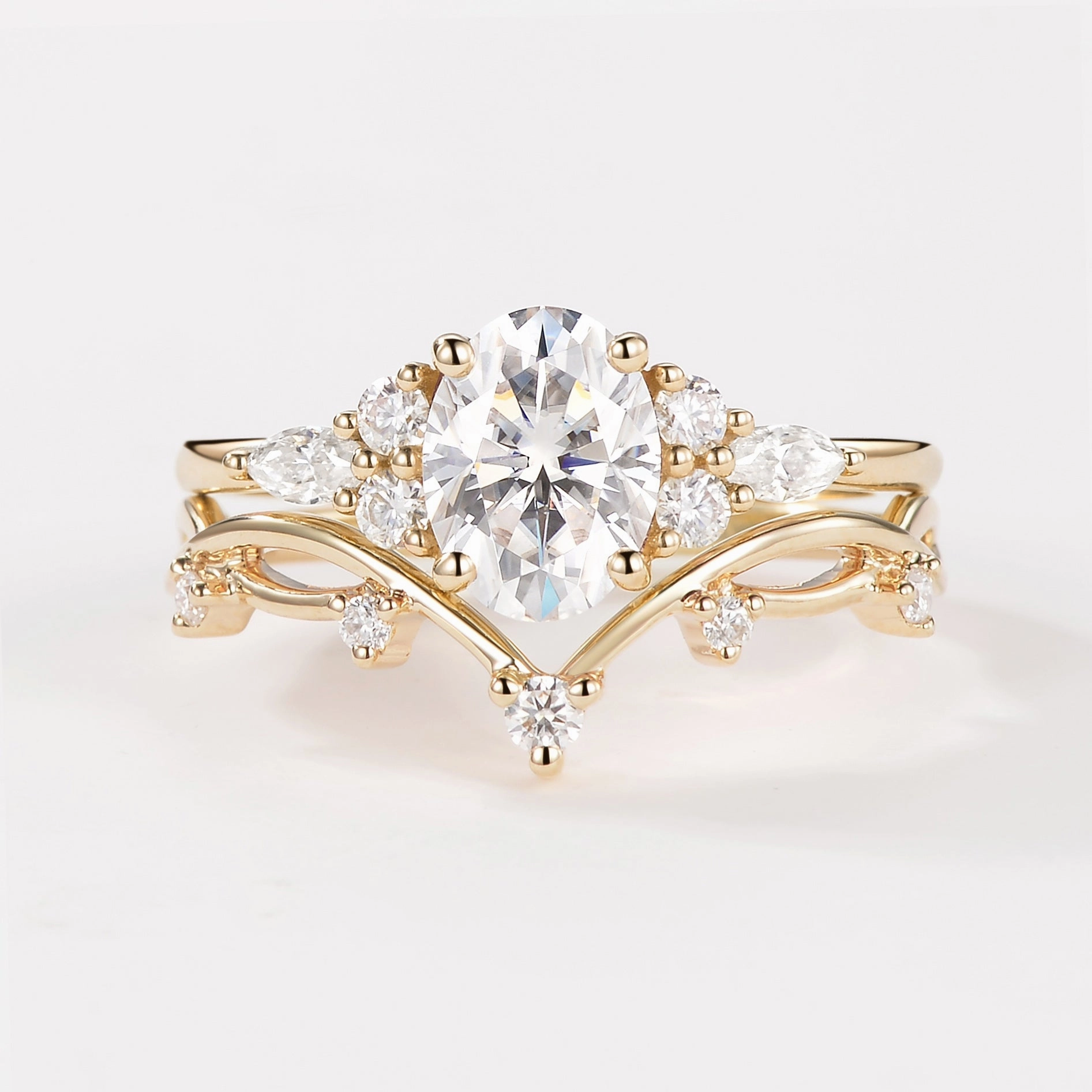 1.5ct Oval Moissanite Leafy Ring Set 2pcs - Ona Effortless Piece