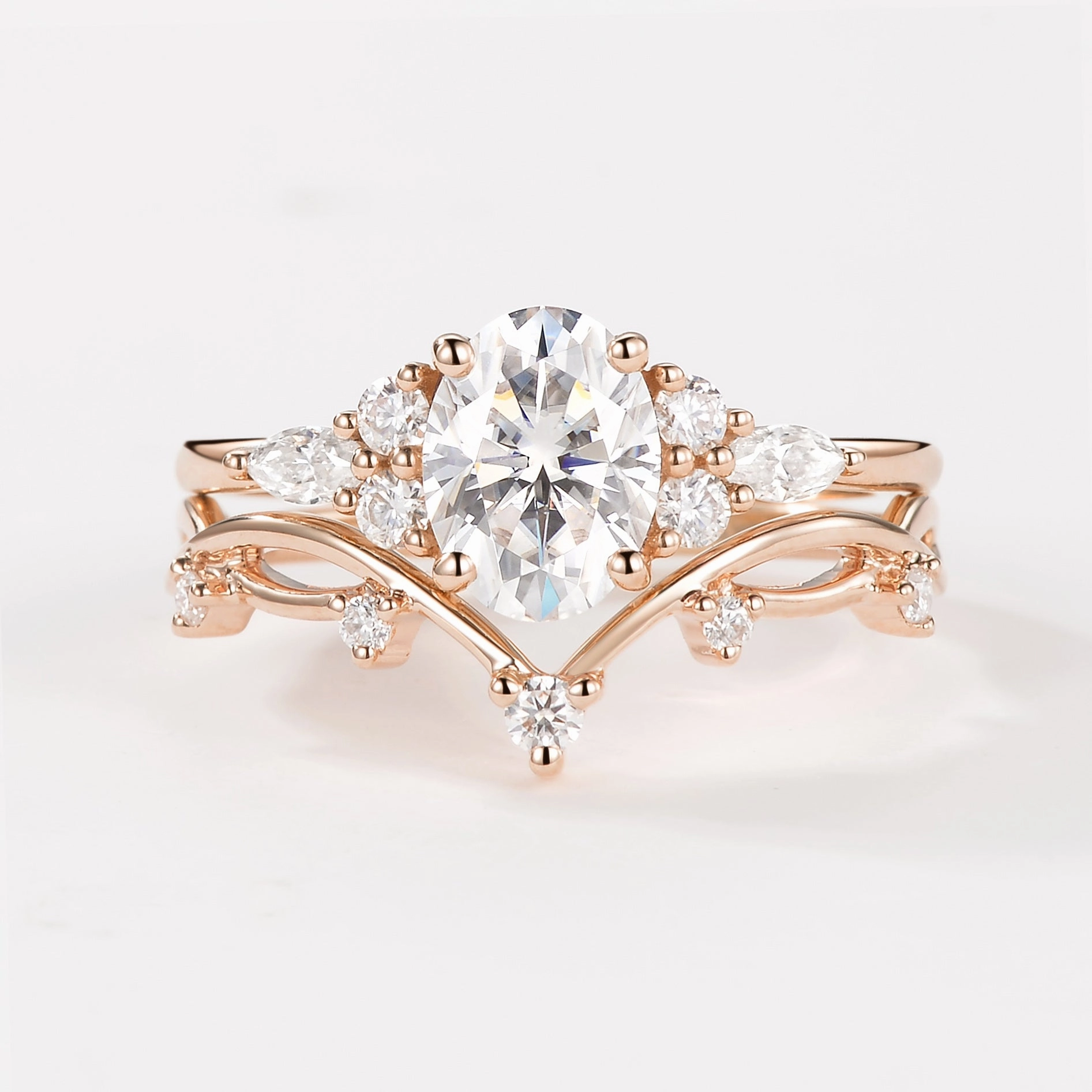 1.5ct Oval Moissanite Leafy Ring Set 2pcs - Ona Alluring Design Elegant accessories